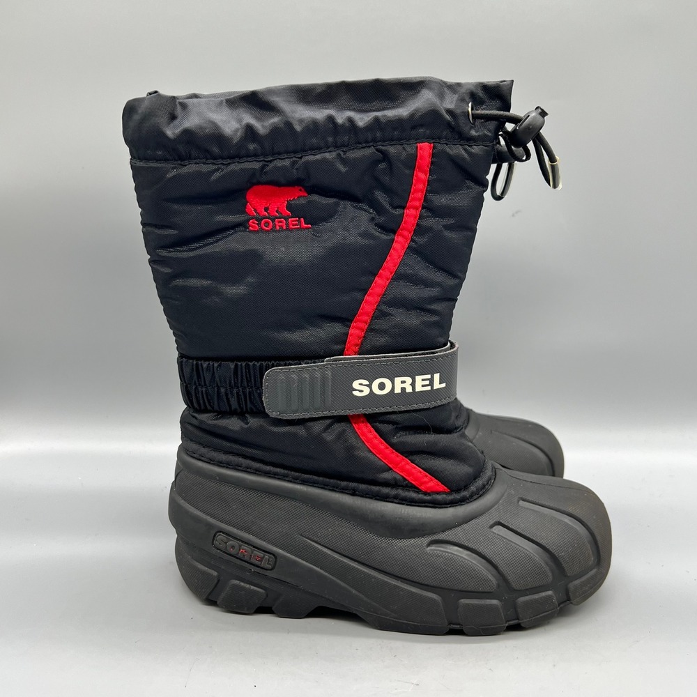 Sorel Boots Kids Boys 1 Black Red Flurry Waterproof Insulated Winter Snow Shoes